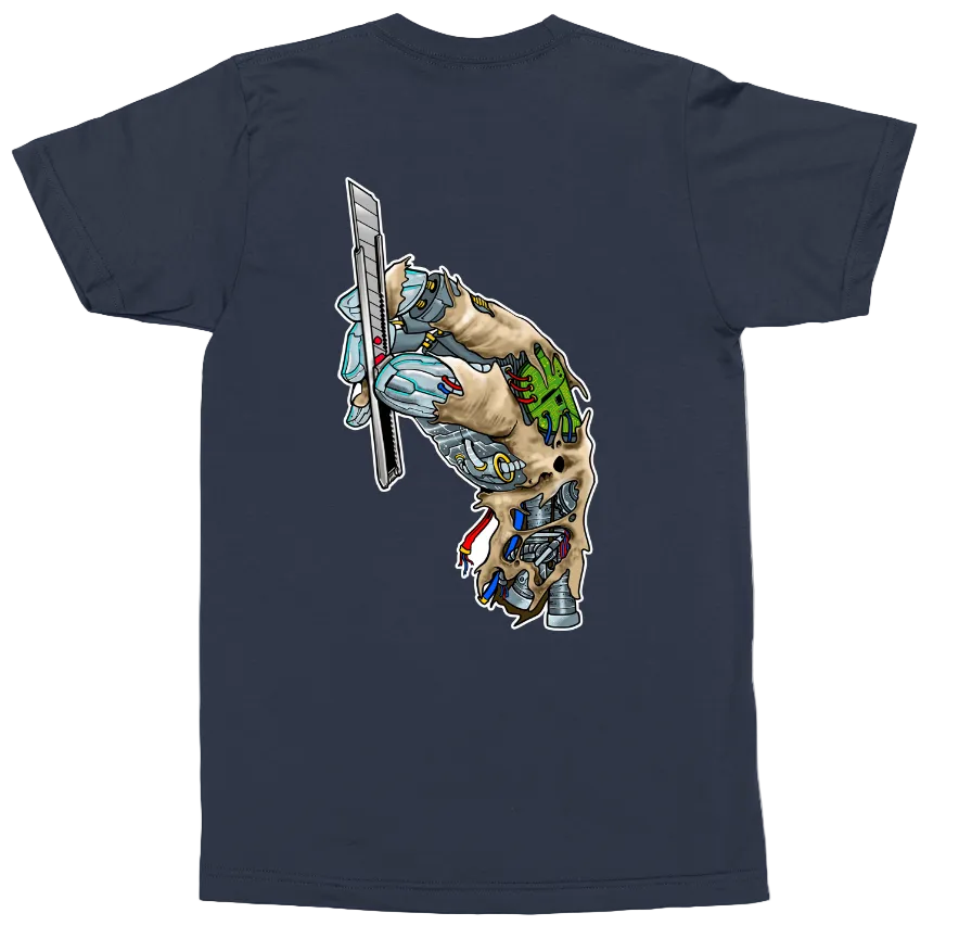 A navy blue short-sleeve t-shirt shown from the back, featuring a large, detailed graphic print of a skeletal hand holding a sword and skull elements.
