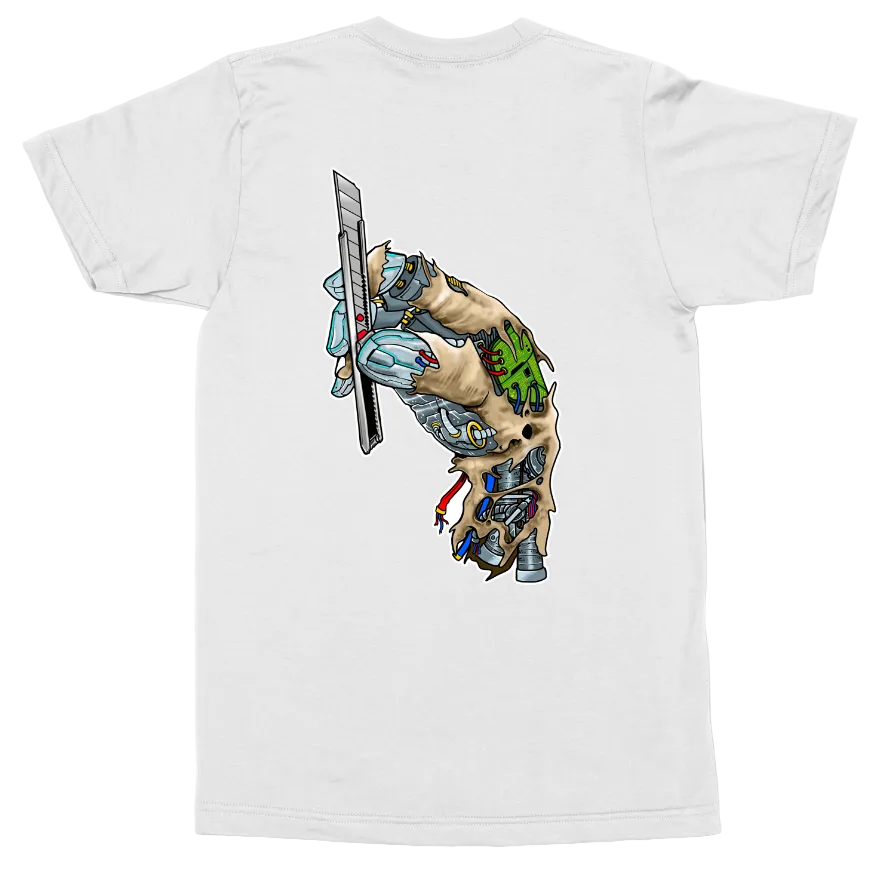 A white short-sleeve t-shirt shown from the back, featuring a large, detailed graphic print of a stylized character with a sword and colorful tattoos.
