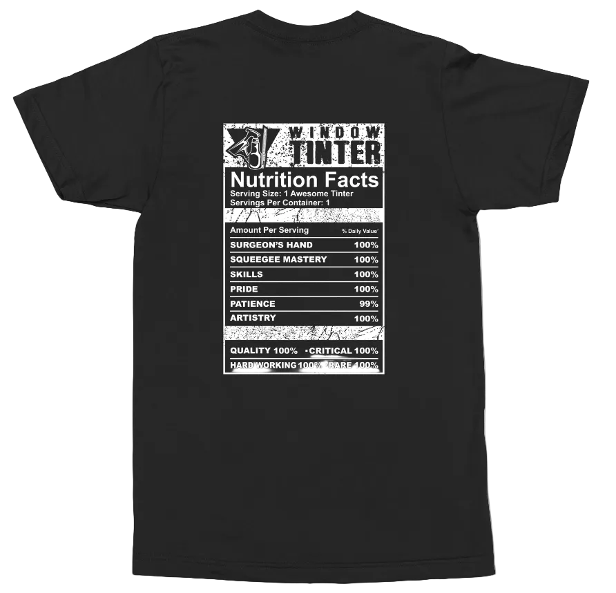 A black short-sleeve t-shirt with a white graphic print on the front styled like a 'Window Tinker' nutrition facts label, shown against a plain white background.
