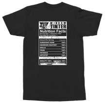 Load image into Gallery viewer, A black short-sleeve t-shirt with a white graphic print on the front styled like a 'Window Tinker' nutrition facts label, shown against a plain white background.
