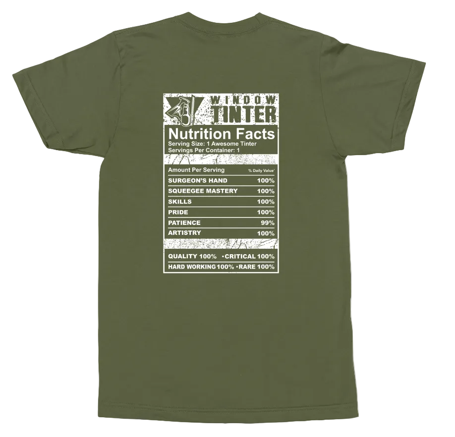 An olive green short-sleeve t-shirt shown from the back, featuring a humorous graphic styled like a nutrition facts label with the text 'WINDOW TINTERS' and various quality metrics listed in a distressed white and gray font.