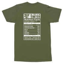 Load image into Gallery viewer, An olive green short-sleeve t-shirt shown from the back, featuring a humorous graphic styled like a nutrition facts label with the text 'WINDOW TINTERS' and various quality metrics listed in a distressed white and gray font.
