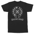 A black short-sleeve t-shirt with a white graphic print on the front. The graphic features a circular emblem with a cross and anchor, surrounded by gothic text
