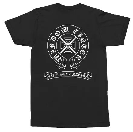 A black short-sleeve t-shirt with a white graphic print on the front. The graphic features a circular emblem with a cross and anchor, surrounded by gothic text