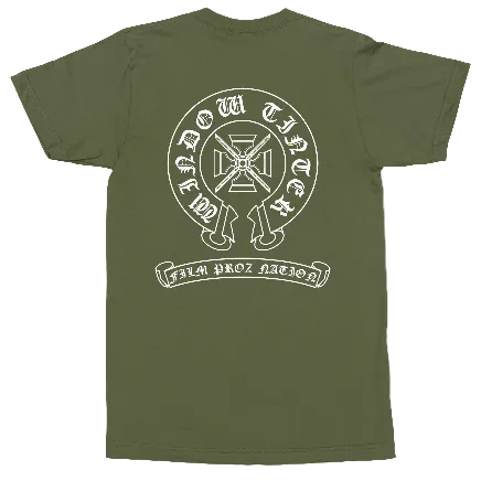 An olive green short-sleeve t-shirt with a white graphic print on the back. The graphic features a circular emblem with a central cross and the words 'ROW TIER' and 'FILA PROZ NATION' in a gothic font.