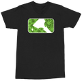 A black short-sleeve crewneck t-shirt featuring a rectangular chest graphic with rounded corners. The graphic is filled with a green cannabis leaf pattern and has a white diagonal slash across the center, bordered by a thin white outline.