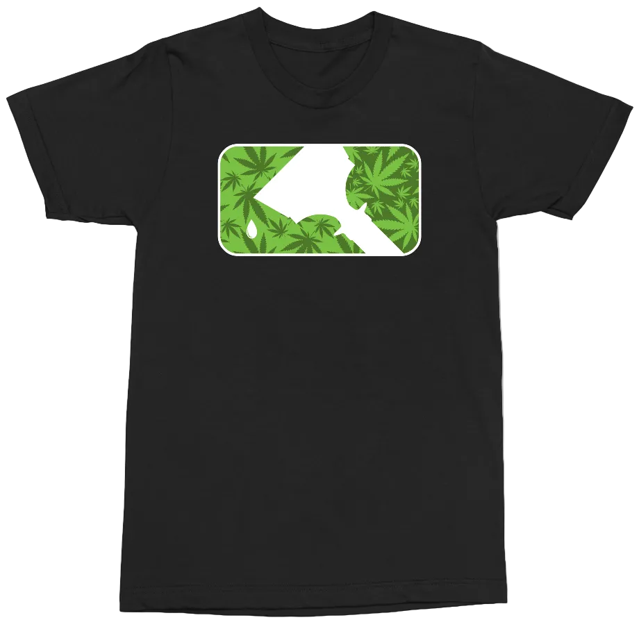 A black short-sleeve crewneck t-shirt featuring a rectangular chest graphic with rounded corners. The graphic is filled with a green cannabis leaf pattern and has a white diagonal slash across the center, bordered by a thin white outline.
