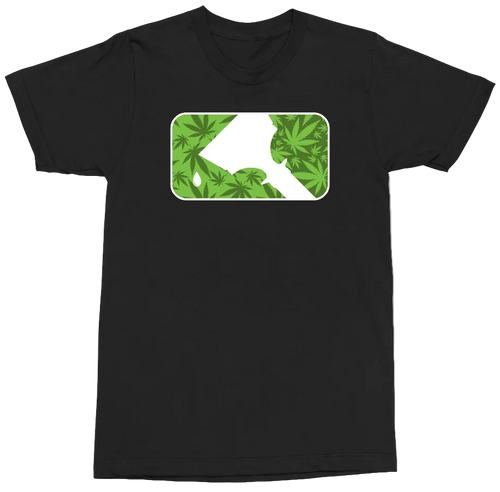 A black short-sleeve crewneck t-shirt featuring a rectangular chest graphic with rounded corners. The graphic is filled with a green cannabis leaf pattern and has a white diagonal slash across the center, bordered by a thin white outline.