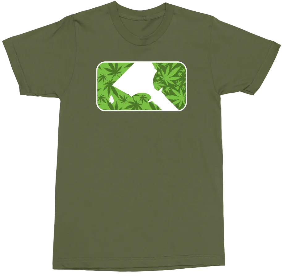 An olive green short-sleeve t-shirt with a rectangular chest graphic featuring a white diagonal arrow and green cannabis leaf pattern.