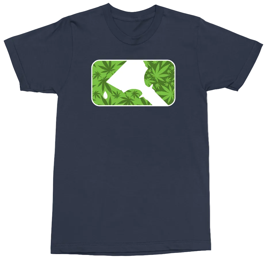 A navy blue short-sleeve crewneck t-shirt featuring a rectangular chest graphic with a white border. The graphic contains a white diagonal shape overlaid on a background of green cannabis leaves.