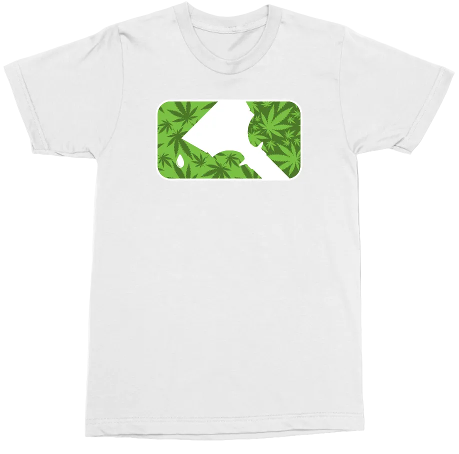 A white short-sleeve crewneck t-shirt featuring a rectangular chest graphic with rounded corners. The graphic is white with a green cannabis leaf pattern along the left and bottom edges, and a white teardrop shape on the right.