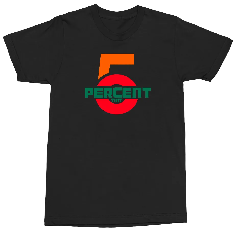 A black short-sleeve crewneck t-shirt featuring a bold graphic on the chest with a large orange number 5, a red circle, and green text reading '5 PERCENT' on a clean white background.