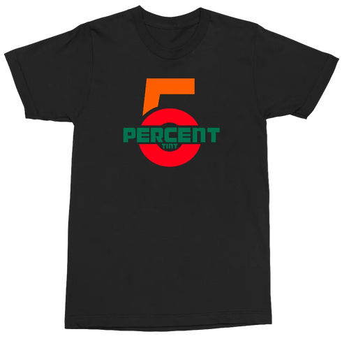 A black short-sleeve crewneck t-shirt featuring a bold graphic on the chest with a large orange number 5, a red circle, and green text reading '5 PERCENT' on a clean white background.