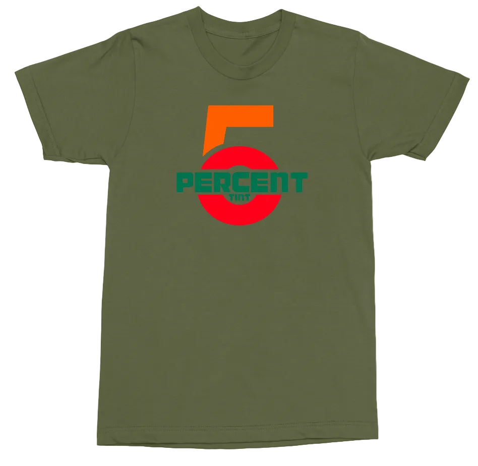 An olive green short-sleeve t-shirt with a graphic on the chest featuring a large orange number 5, a red circle, and the word 'PERCENT' in green.