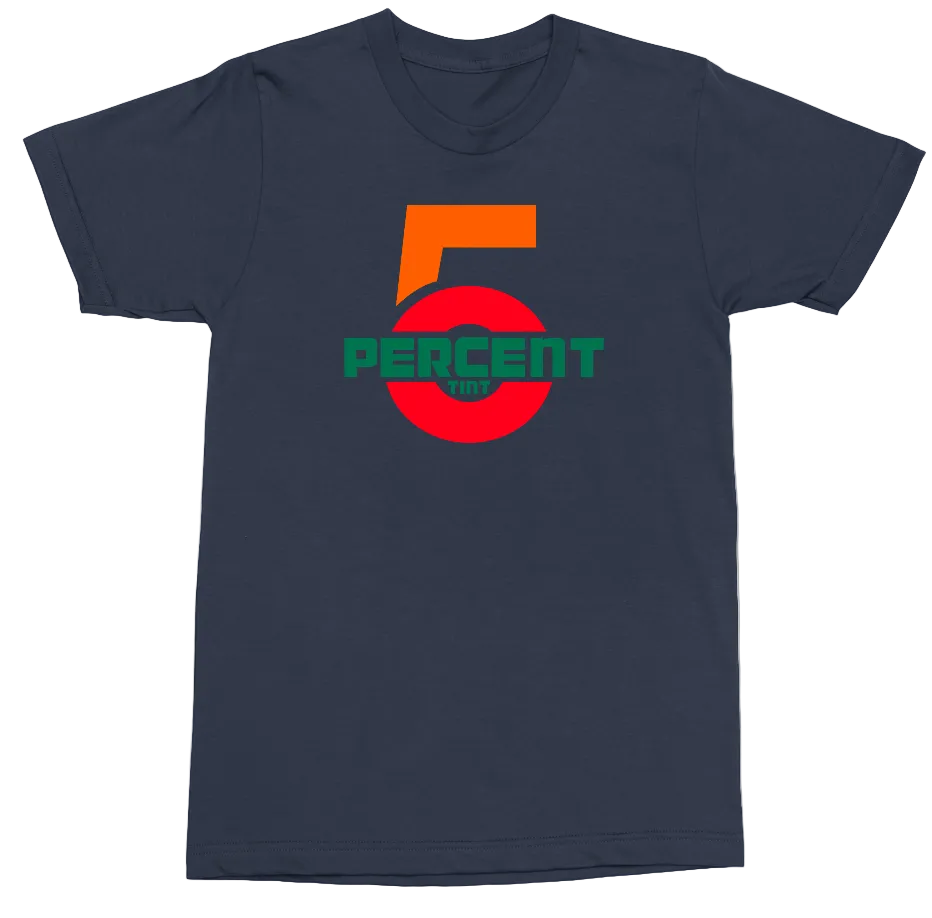 A navy blue short-sleeve t-shirt with a graphic on the chest featuring a large orange and red '5' and the word 'PERCENT' in green.