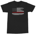 A black short-sleeve crewneck t-shirt featuring a distressed American flag graphic on the chest, with the word 'INTER' printed in red across the stripes.