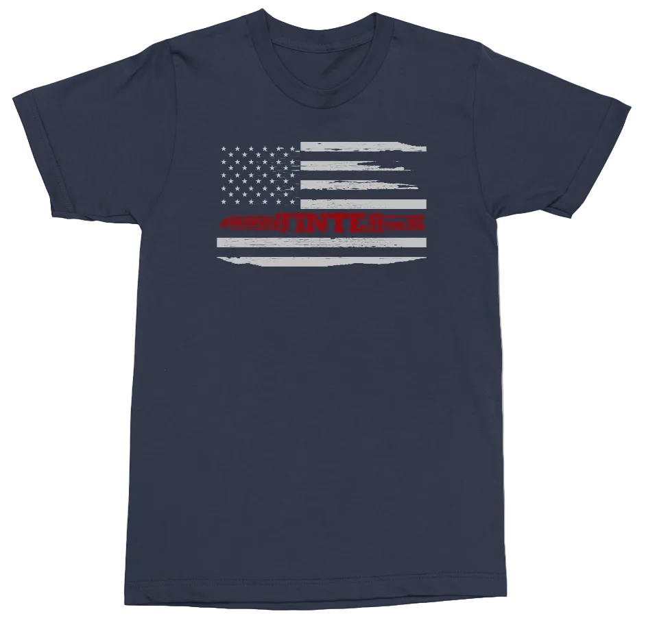 A navy blue short-sleeve crewneck t-shirt featuring a distressed American flag graphic on the chest with the text 'WE'RE ALL DEF CON' in red.