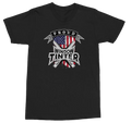 A black short-sleeve crewneck t-shirt featuring a graphic on the chest with crossed tools, an American flag, and the text 'PROUD WINDOW TINTER'.