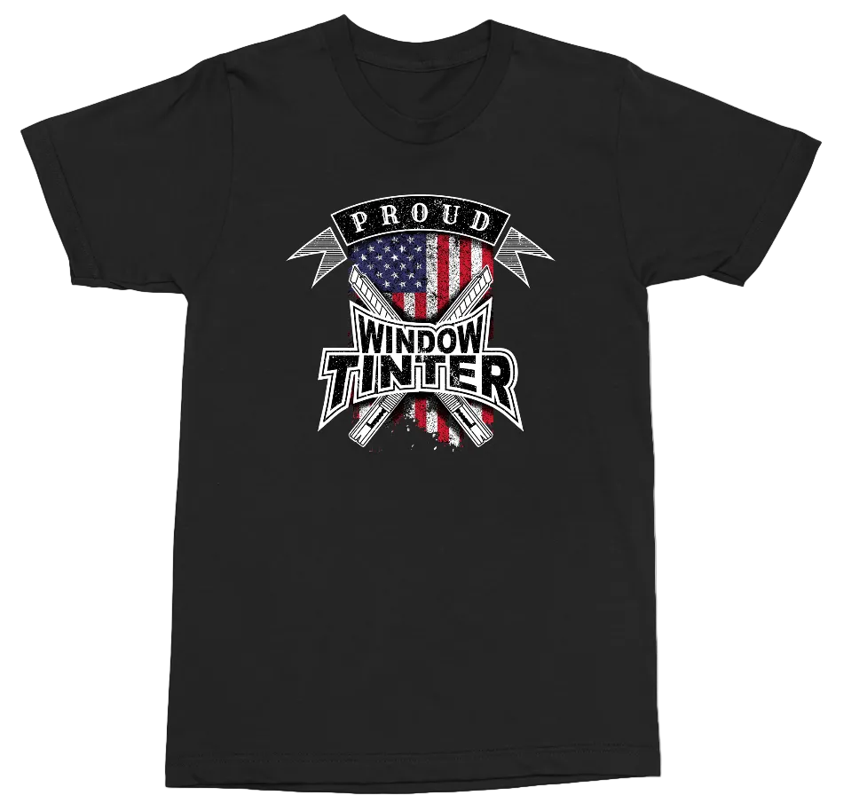 A black short-sleeve crewneck t-shirt featuring a graphic on the chest with crossed tools, an American flag, and the text 'PROUD WINDOW TINTER'.