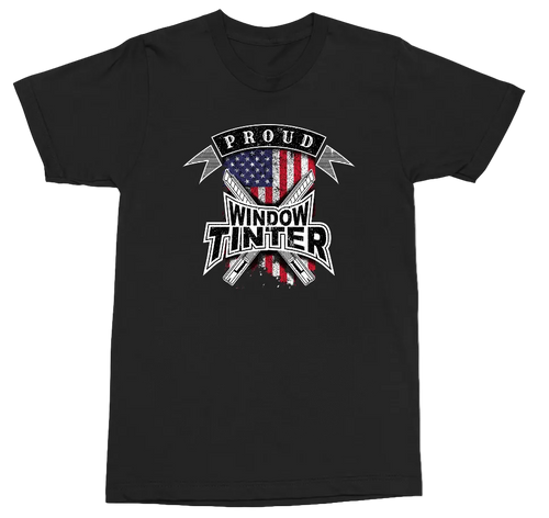 A black short-sleeve crewneck t-shirt featuring a graphic on the chest with crossed tools, an American flag, and the text 'PROUD WINDOW TINTER'.