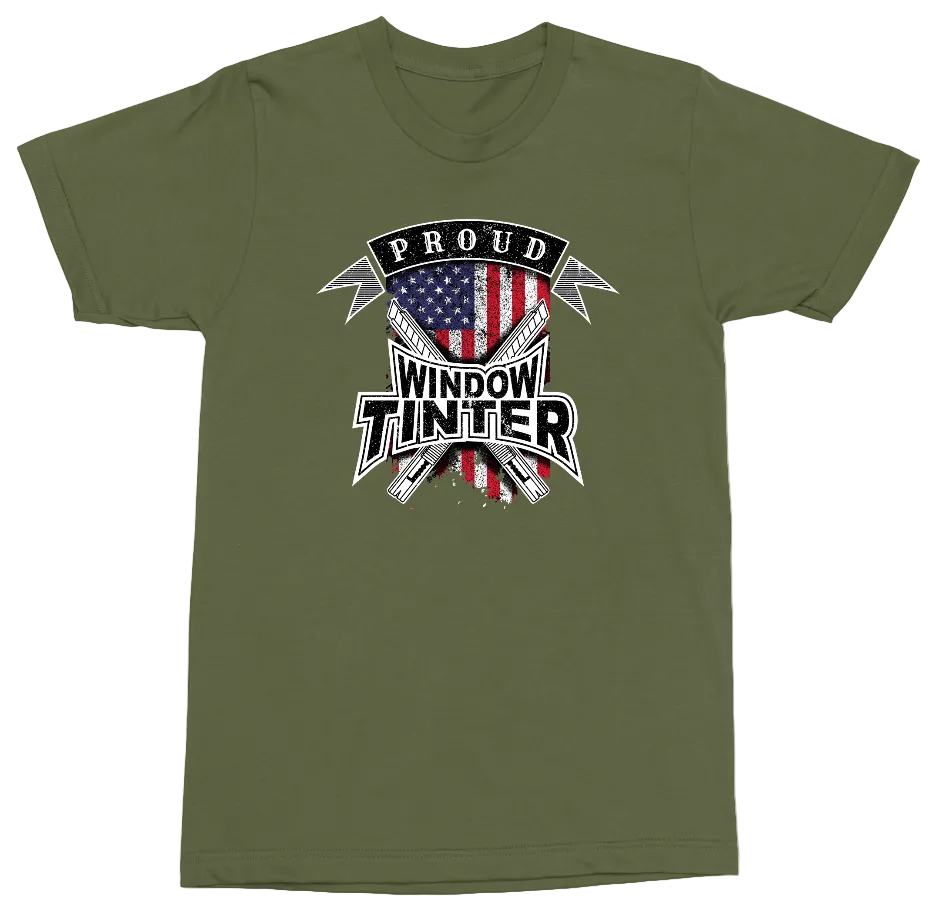 An olive green crewneck t-shirt with a graphic on the chest featuring a stylized American flag, crossed tools, and the text 'PROUD WINDOW TINTER'.