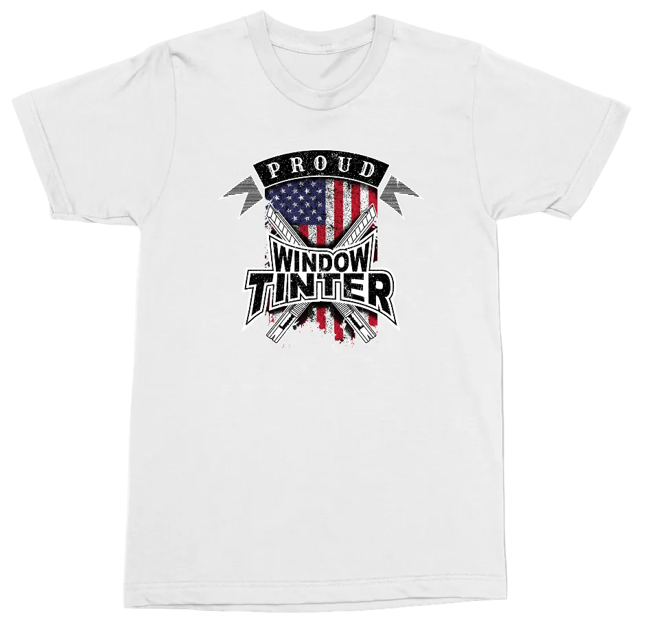 A white short-sleeve crewneck t-shirt featuring a patriotic graphic on the front with the text 'PROUD WINDOW TINTER' and an American flag design with hockey sticks.