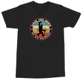 A black short-sleeve crewneck t-shirt featuring a circular retro-style graphic on the chest. The graphic shows a silhouette of a person carrying a large water bottle, with the text 'HAVE YOU SEEN MY BIG SQUEEGER' in white lettering around the circle.