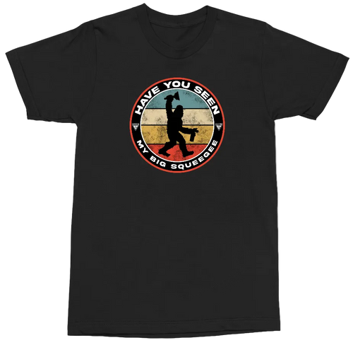 A black short-sleeve crewneck t-shirt featuring a circular retro-style graphic on the chest. The graphic shows a silhouette of a person carrying a large water bottle, with the text 'HAVE YOU SEEN MY BIG SQUEEGER' in white lettering around the circle.