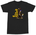 A black short-sleeve crewneck t-shirt featuring a graphic print of a Bigfoot character dancing and holding a spray paint can, with the text 'HAVE YOU SEEN MY BIG squeegee' in yellow.