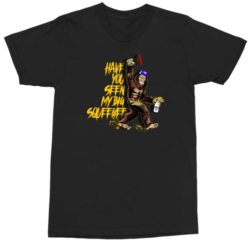A black short-sleeve crewneck t-shirt featuring a graphic print of a Bigfoot character dancing and holding a spray paint can, with the text 'HAVE YOU SEEN MY BIG squeegee' in yellow.