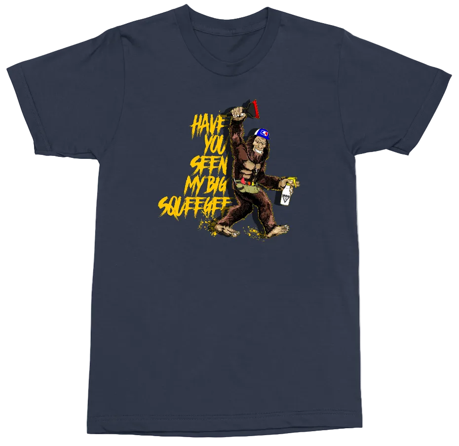 A navy blue crewneck t-shirt featuring a graphic print of Bigfoot spraying paint with the text 'HAVE YOU SEEN MY BIG squeegee?' in yellow.