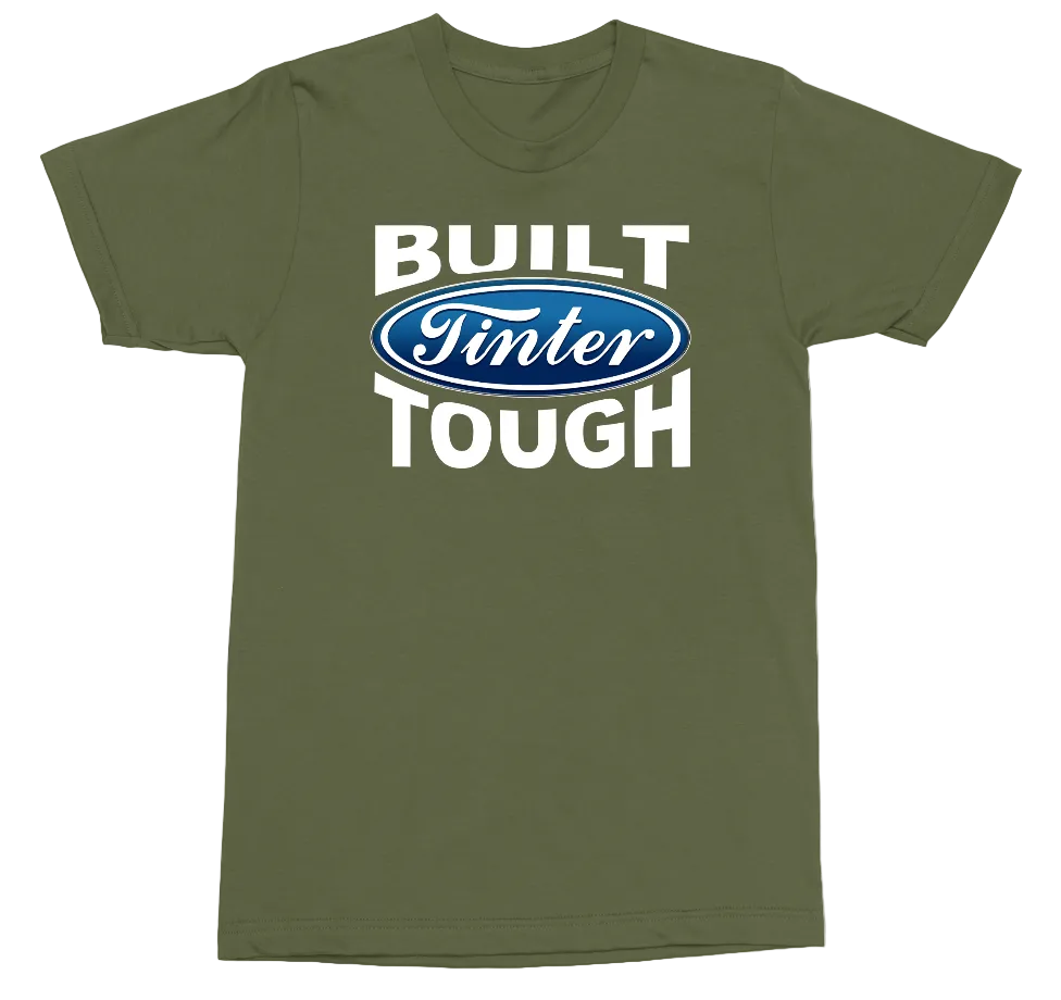 An olive green crewneck t-shirt featuring a graphic print on the front with the words 'BUILT FINTER TOUGH' in white, with the classic blue oval Ford logo in the center.