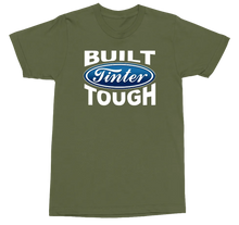 Load image into Gallery viewer, An olive green crewneck t-shirt featuring a graphic print on the front with the words 'BUILT FINTER TOUGH' in white, with the classic blue oval Ford logo in the center.
