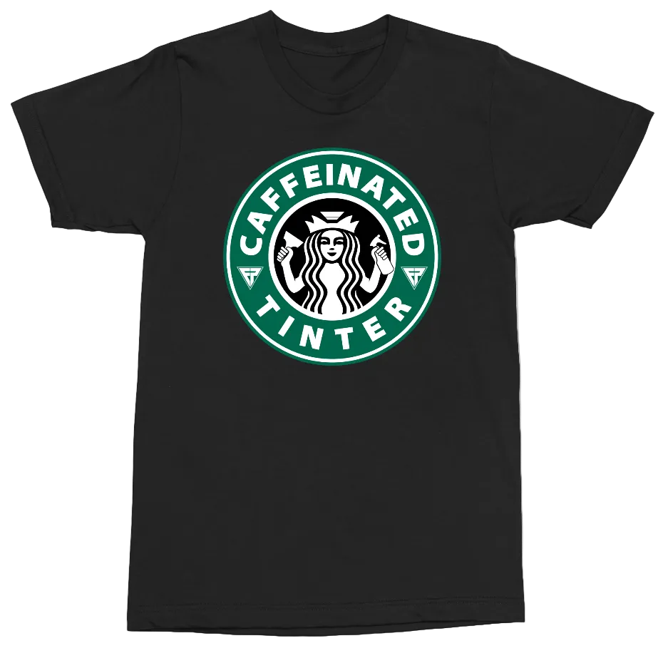 A black short-sleeve crewneck t-shirt featuring a parody graphic of the Starbucks logo. The graphic is green and white, reading 'CAFFEINATED TINTER' with a siren illustration in the center.
