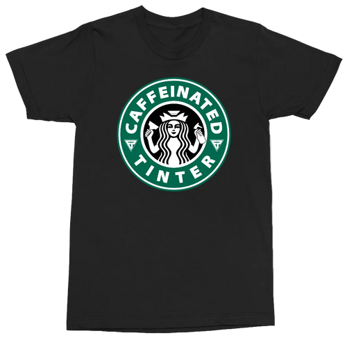 A black short-sleeve crewneck t-shirt featuring a parody graphic of the Starbucks logo. The graphic is green and white, reading 'CAFFEINATED TINTER' with a siren illustration in the center.