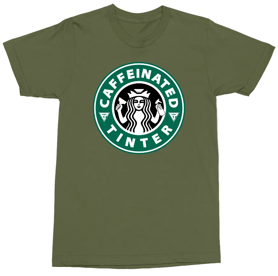 An olive green crewneck t-shirt featuring a circular graphic print on the chest. The graphic is styled like the classic Starbucks logo, with green and white text reading 'CAFFEINATED AT INTER' and a black-and-white siren in the center.