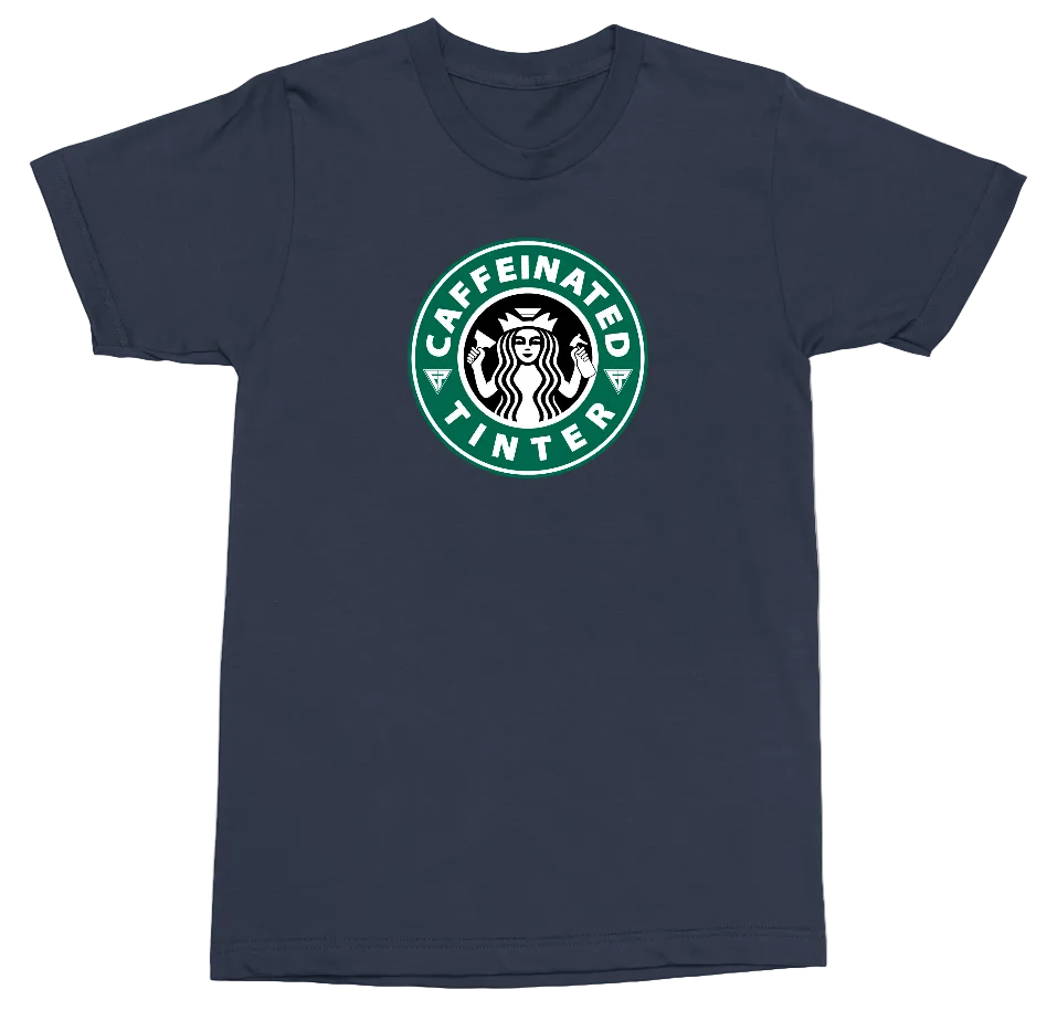 A navy blue short-sleeve t-shirt with a green and white graphic on the chest that reads 'CAFFEINATED TINTED' with a siren illustration, styled on a clean white background.