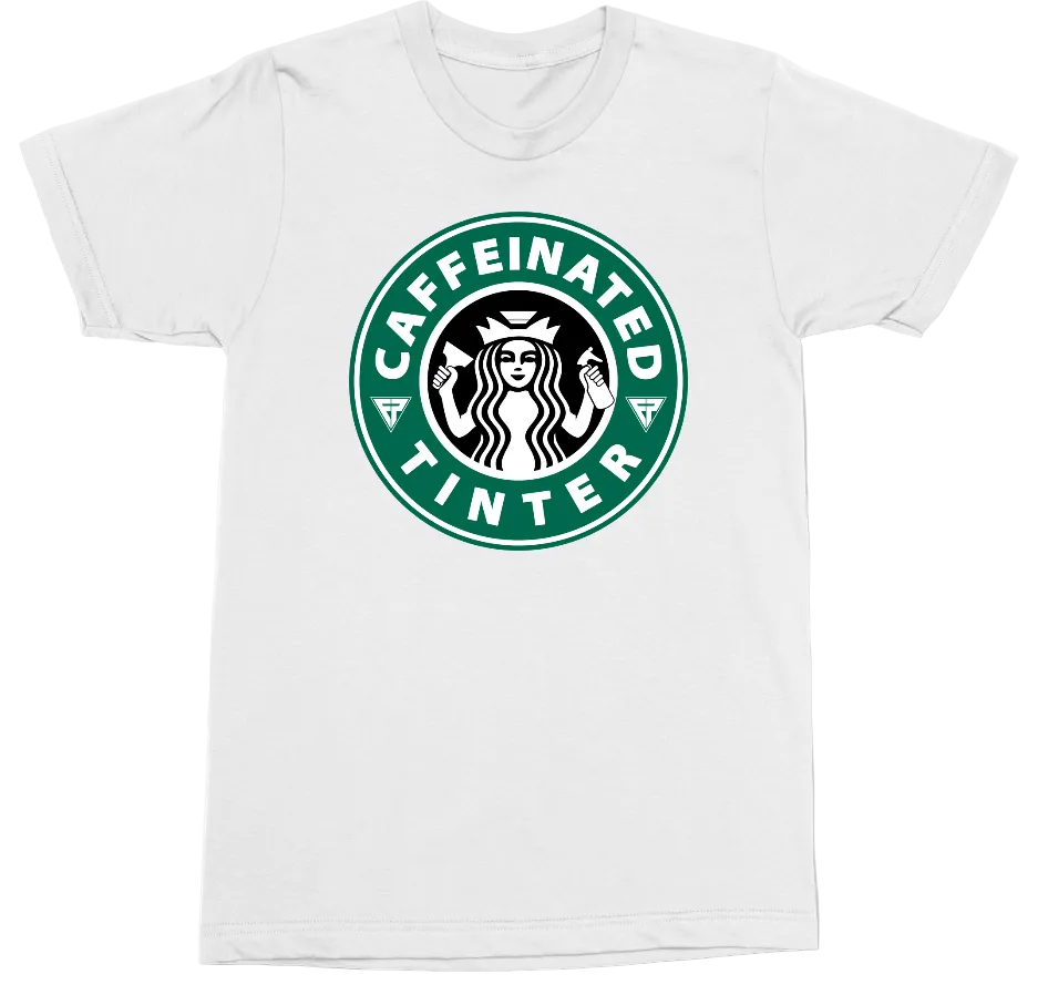 A white short-sleeve crewneck t-shirt featuring a circular green and black graphic parodying the Starbucks logo with the text 'CAFFEINATED TINTER'.