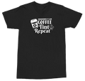 A black short-sleeve crewneck t-shirt with a white graphic print on the chest that reads 'COFFEE TINT Repeat' alongside a coffee cup and pencil illustration, displayed on a solid white background.