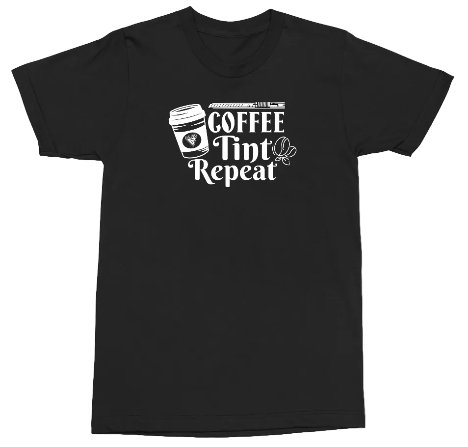 A black short-sleeve crewneck t-shirt with a white graphic print on the chest that reads 'COFFEE TINT Repeat' alongside a coffee cup and pencil illustration, displayed on a solid white background.