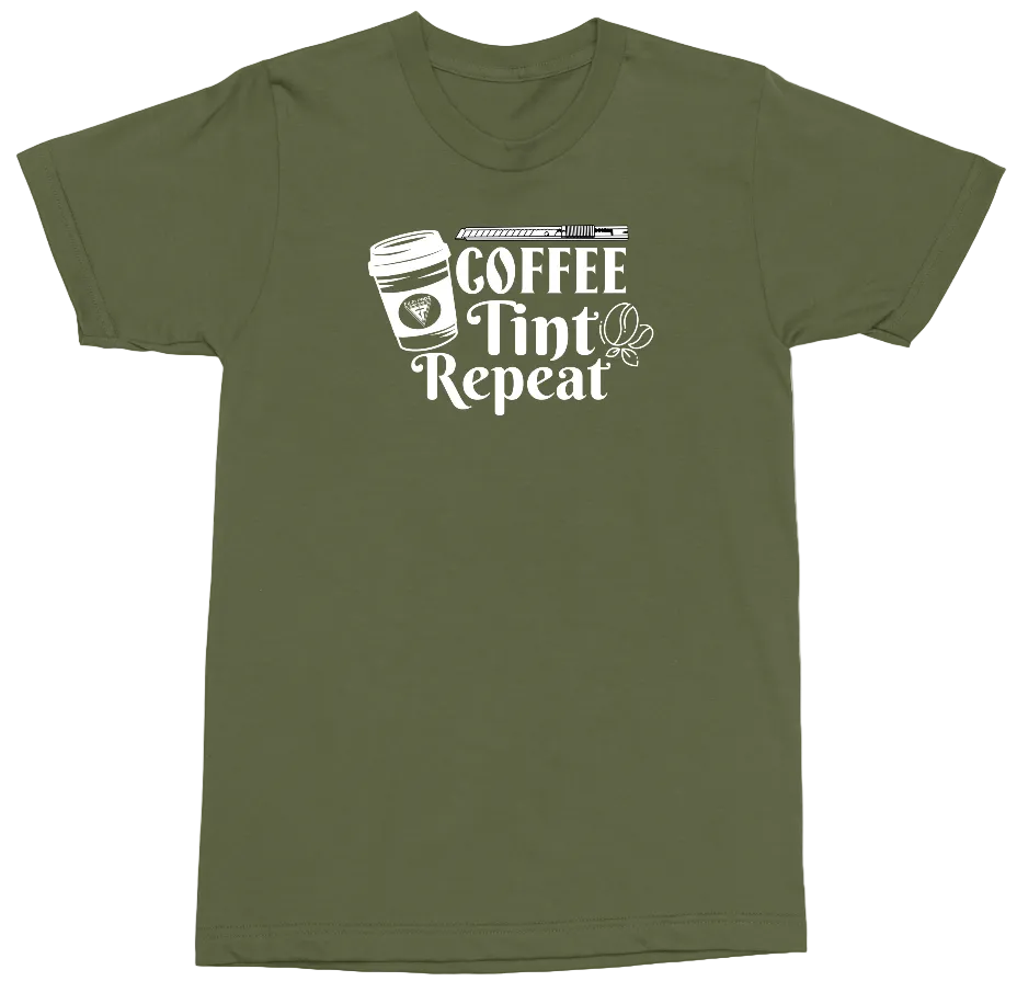 An olive green short-sleeve t-shirt with a white graphic print on the chest that reads 'COFFEE TINT Repeat' alongside a coffee cup illustration, displayed flat against a white background.