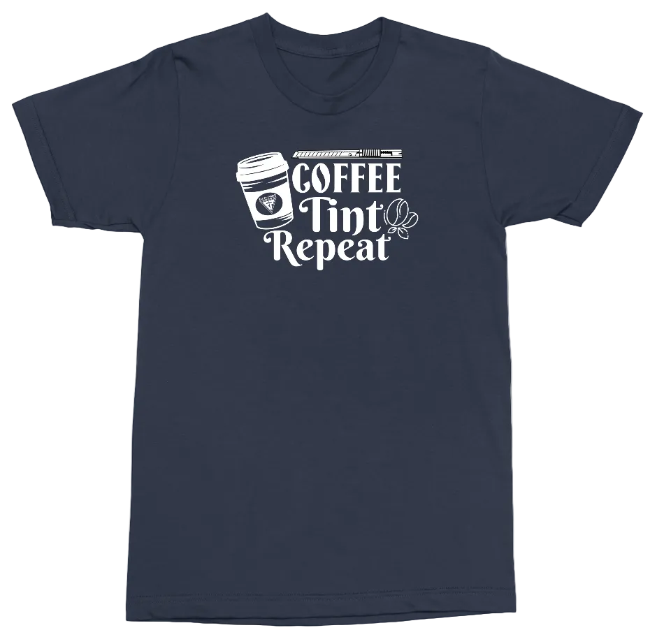 A navy blue short-sleeve crewneck t-shirt with a white graphic print on the chest that reads 'COFFEE TINT Repeat' alongside a coffee cup and butterfly illustration.