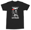 A black short-sleeve crewneck t-shirt featuring a white graphic print of Darth Vader holding a red and white striped flag, with the text 'I FIND YOUR LACK OF TINT DISTURBING'.