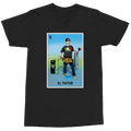 A black short-sleeve crewneck t-shirt featuring a colorful graphic print of a Mexican tarot card labeled 'EL TINTER' on the chest, displayed against a solid white background.