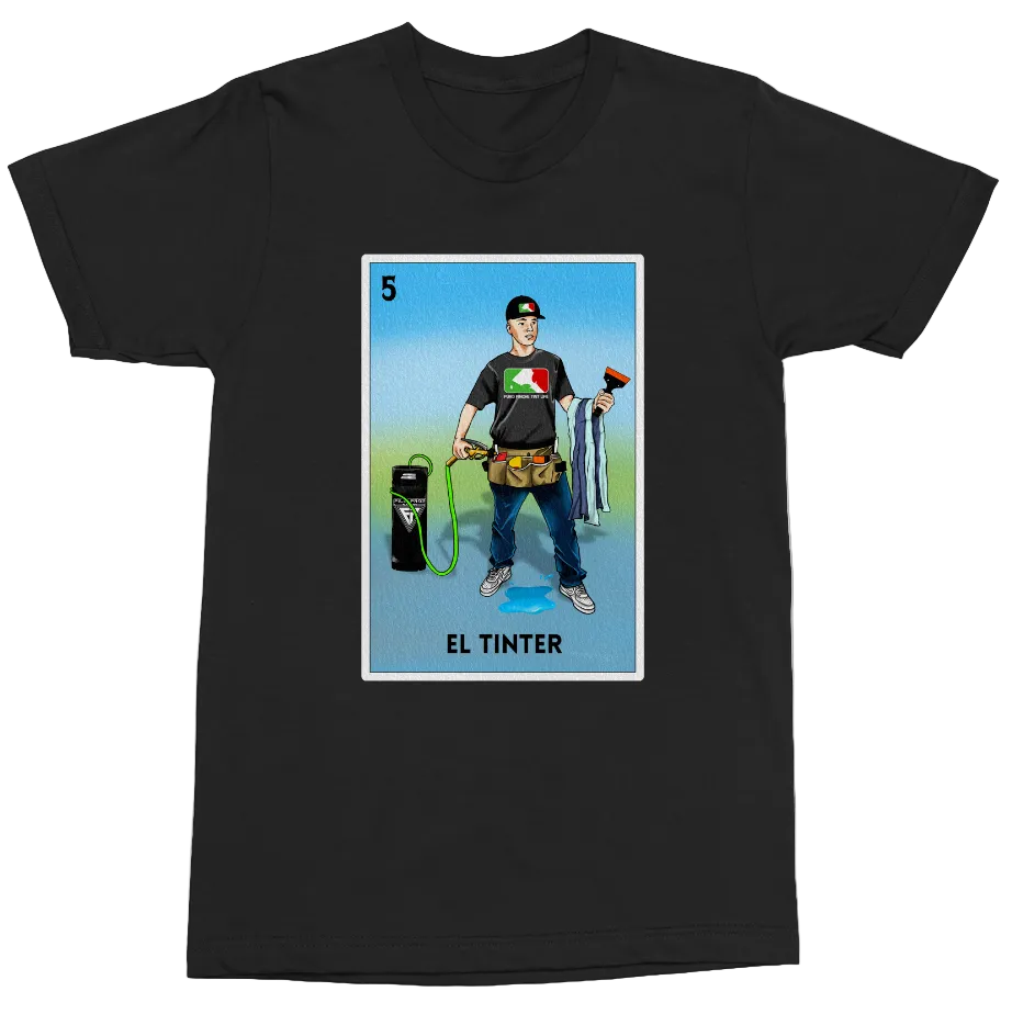 A black short-sleeve crewneck t-shirt featuring a colorful graphic print of a Mexican tarot card labeled 'EL TINTER' on the chest, displayed against a solid white background.