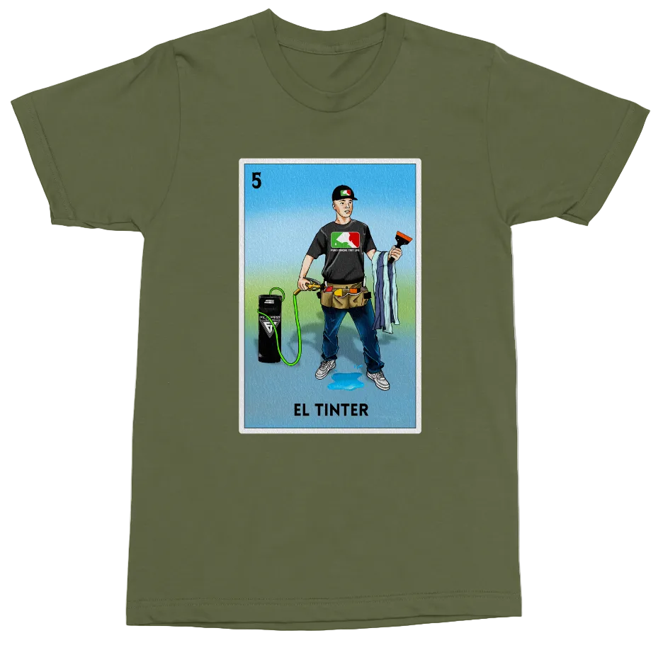 An olive green short-sleeve t-shirt with a large graphic print of a Mexican 'El Tintor' (color painter) playing card on the front, displayed against a solid white background.