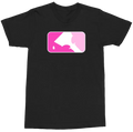 A black short-sleeve crewneck t-shirt featuring a rectangular graphic on the chest with rounded corners. The graphic is split into two halves: a bright pink section on the left with a white teardrop shape, and a light pink section on the right with a white silhouette of a hand holding a paintbrush.