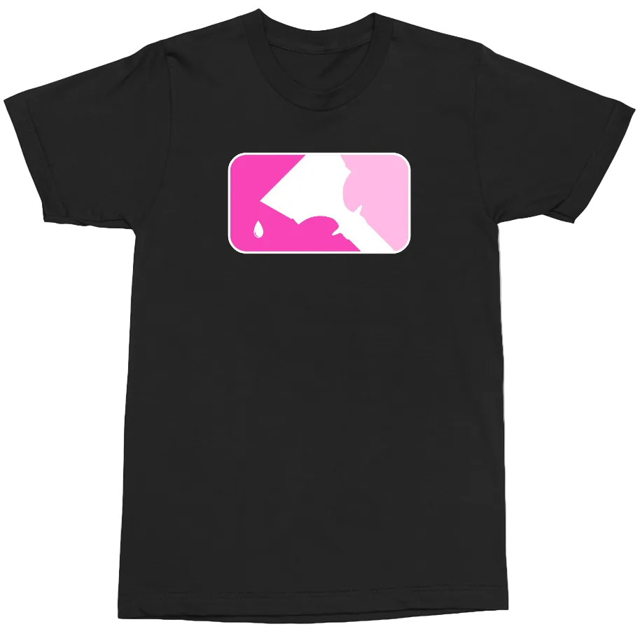 A black short-sleeve crewneck t-shirt featuring a rectangular graphic on the chest with rounded corners. The graphic is split into two halves: a bright pink section on the left with a white teardrop shape, and a light pink section on the right with a white silhouette of a hand holding a paintbrush.