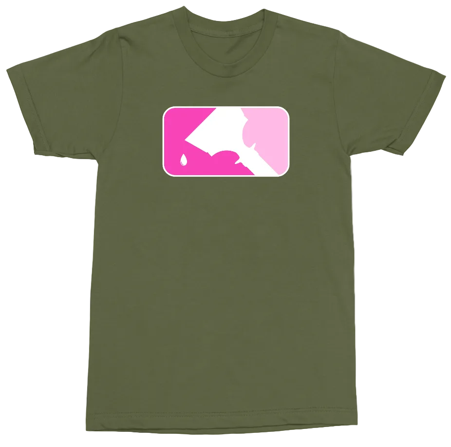 An olive green short-sleeve t-shirt with a pink and white graphic print on the chest depicting a stylized silhouette of a person holding a flag with a single drop of water.