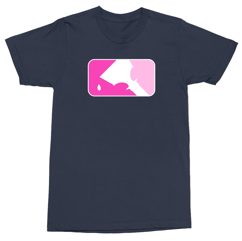 A navy blue short-sleeve crewneck t-shirt featuring a rectangular graphic on the chest with a pink and white silhouette of a hand holding a paintbrush, resembling the MLB logo.